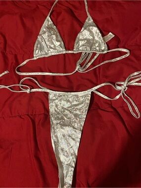 silver metallic micro thong bikini